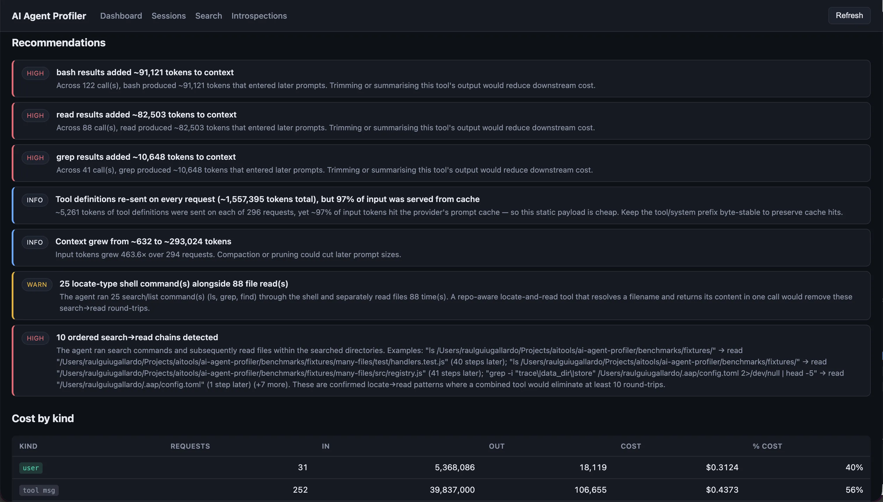 Session details page showing cost breakdown by request kind and optimization actions