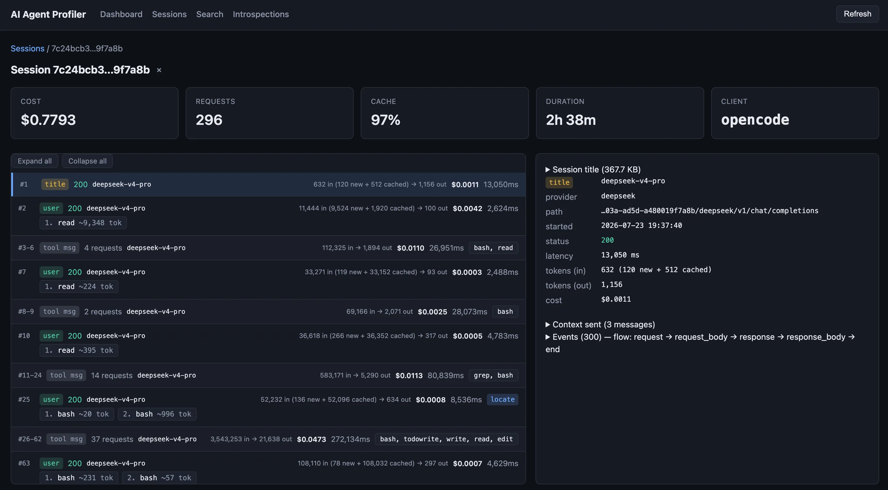 Session details page showing request timeline and tool frequency